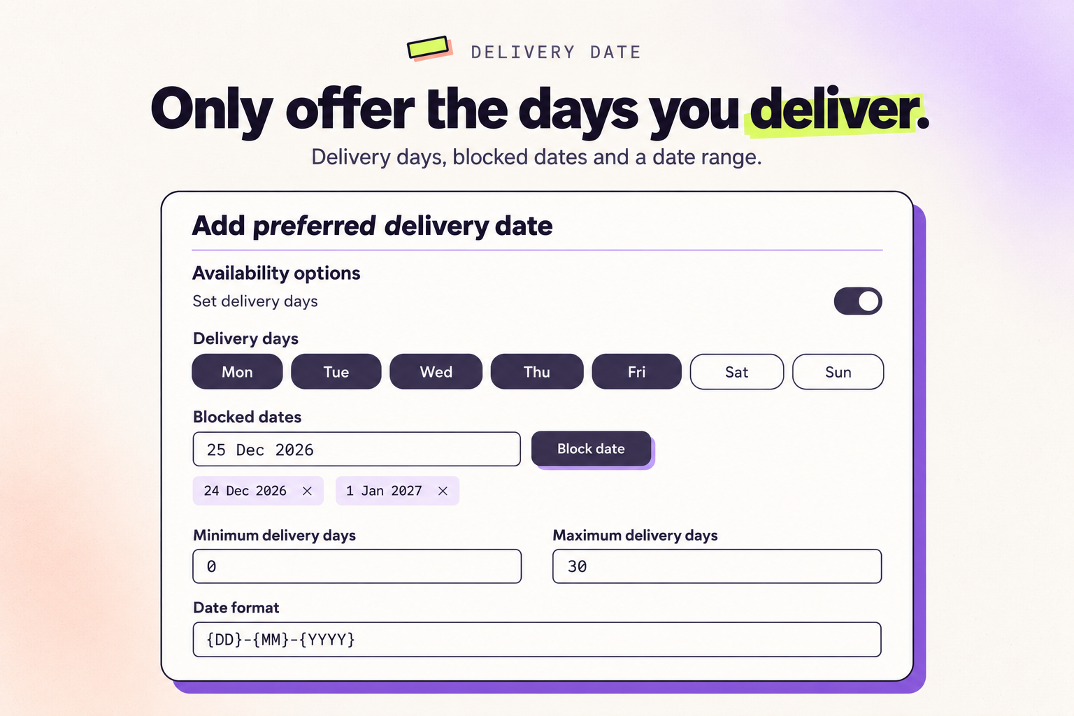 Paramètres avancés de date de livraison