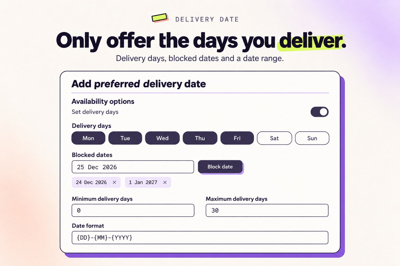 Configuration de date de livraison Paramètres avancés de date de livraison