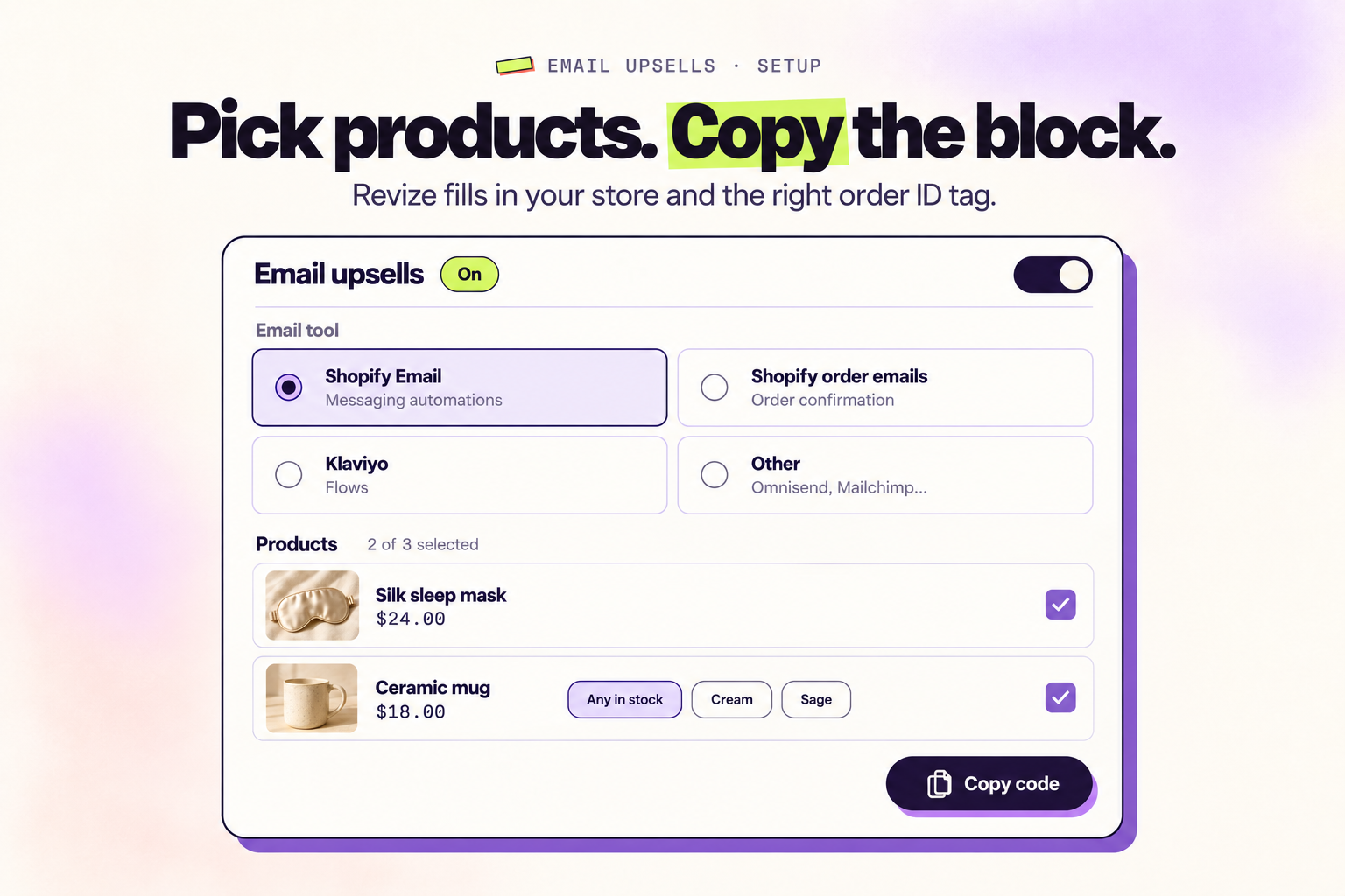 The Email upsells page in Revize with the email tool picker, selected products, and the Copy code button
