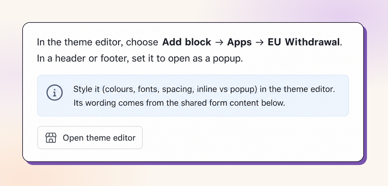 Adding the EU Withdrawal theme app block from the theme editor