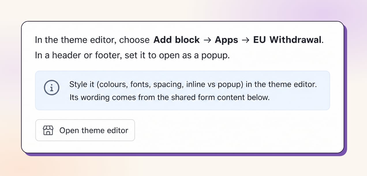 Theme block setup card in the Revize admin: open the theme editor and add the block under Apps Adding the EU Withdrawal theme app block from the theme editor