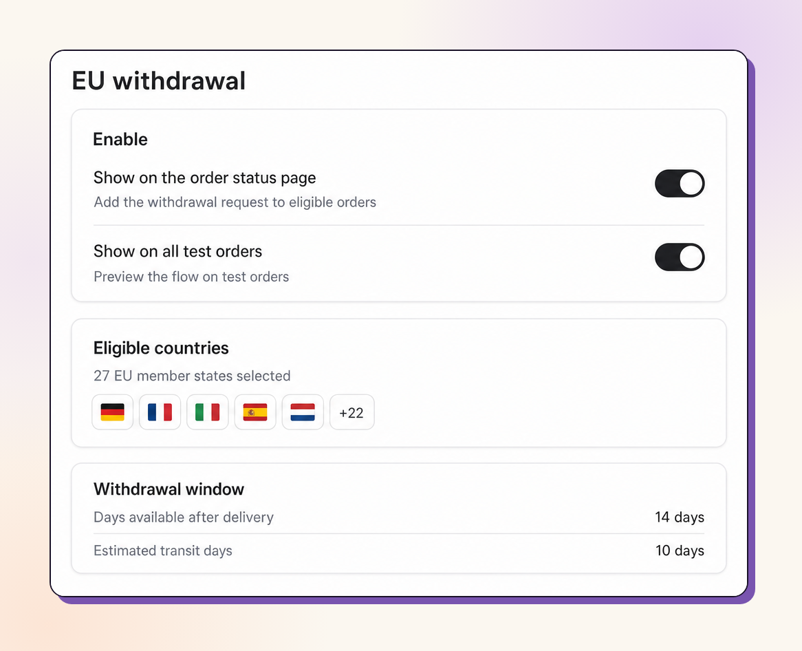 EU withdrawal settings: enable, eligible countries, placement, hold and review, delivered automation, withdrawal window