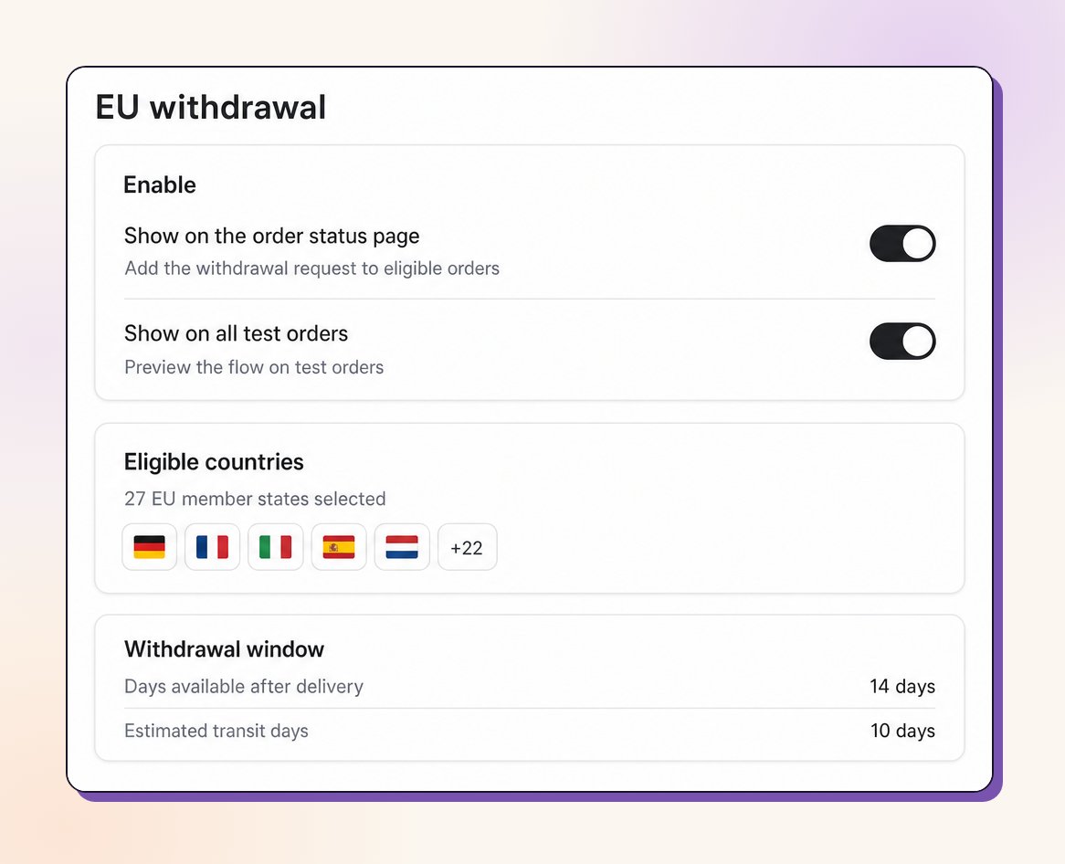 EU withdrawal settings in the Revize admin EU withdrawal settings: enable, eligible countries, placement, hold and review, delivered automation, withdrawal window