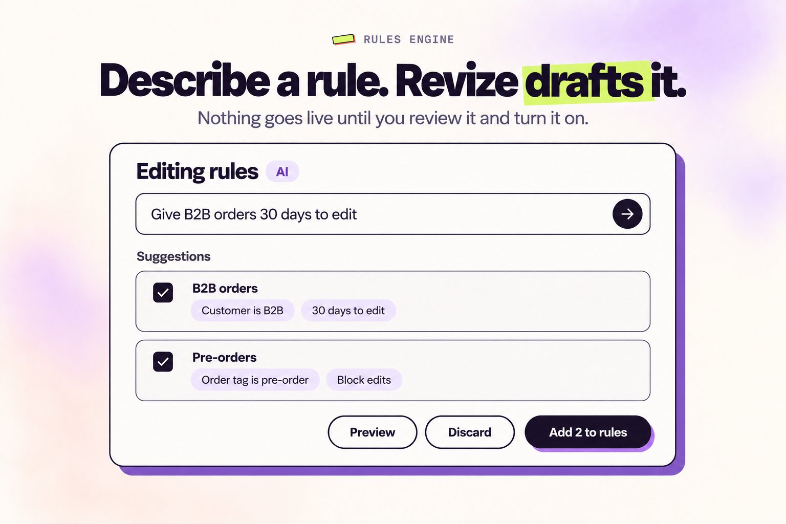 ルールを説明して下書きを確認 Editing rulesページのAIボックスと2件のルール案