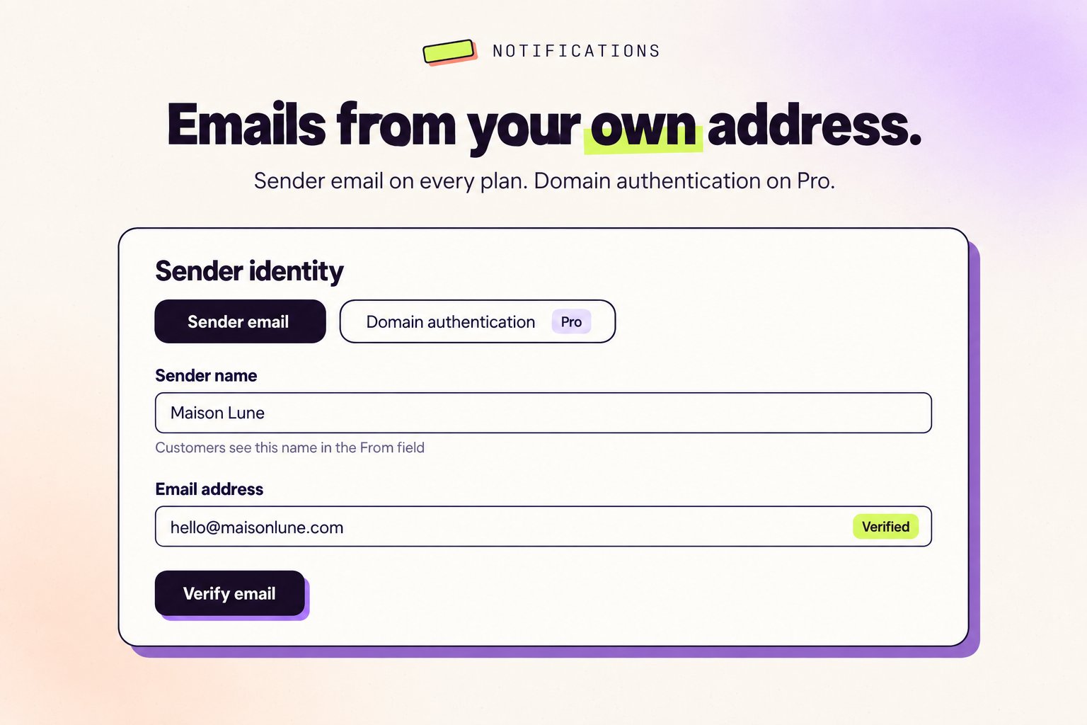 Email verification options Custom sender email configuration