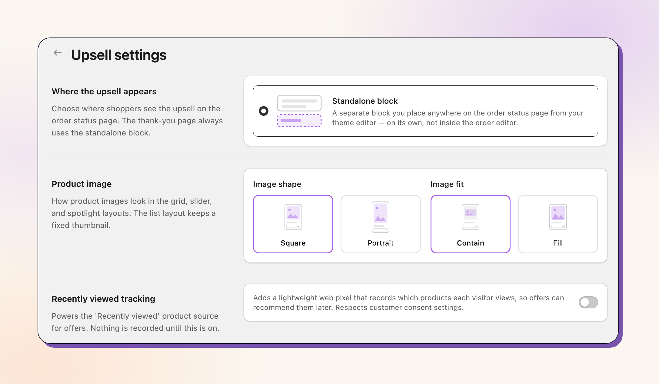 Revize Upsell settings with the Standalone block placement, product image options, and recently viewed tracking