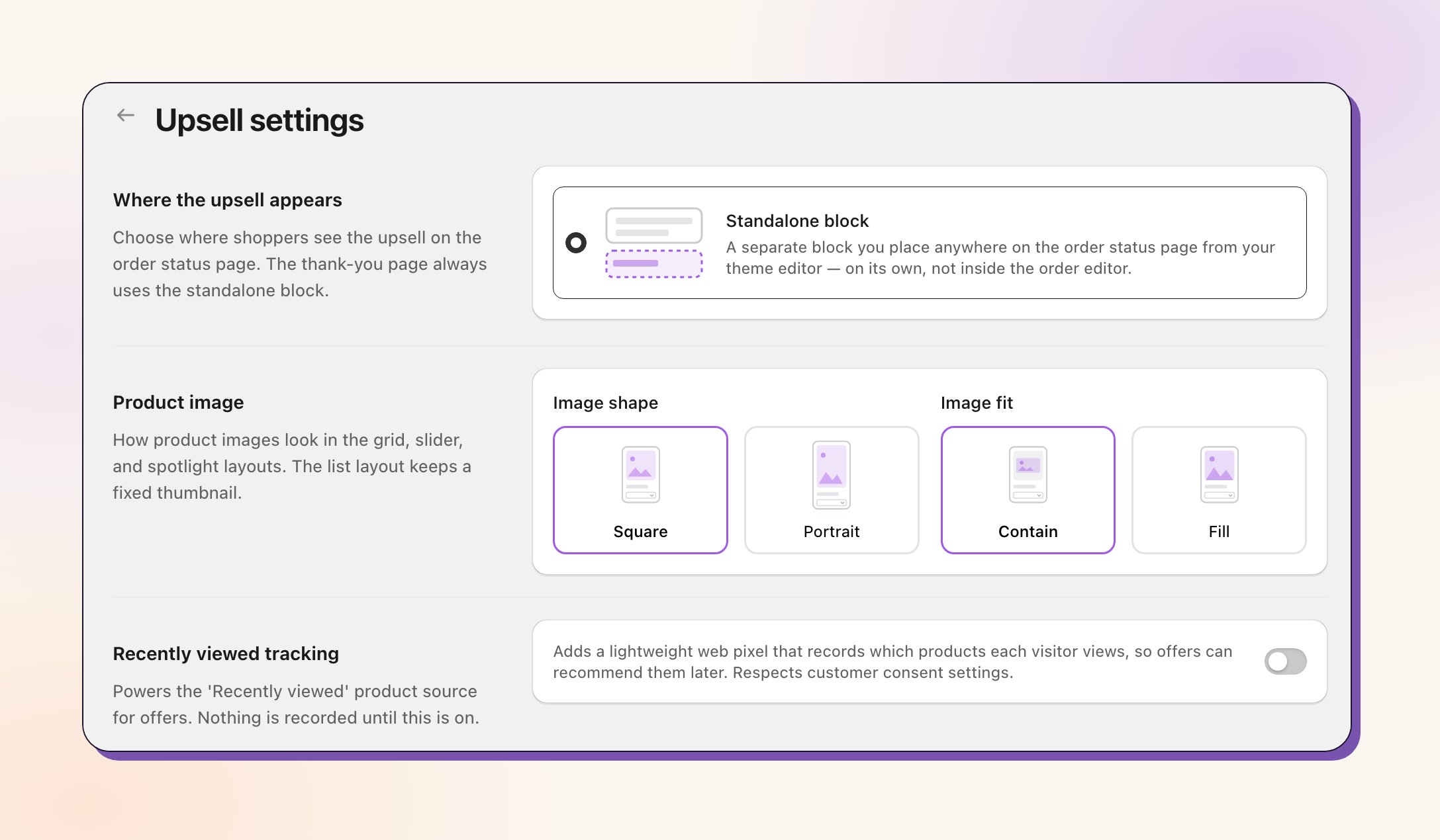 Upsell設定:配置、商品画像、最近閲覧トラッキング Standalone blockの配置、商品画像のオプション、最近閲覧トラッキングを含むRevizeのUpsell設定