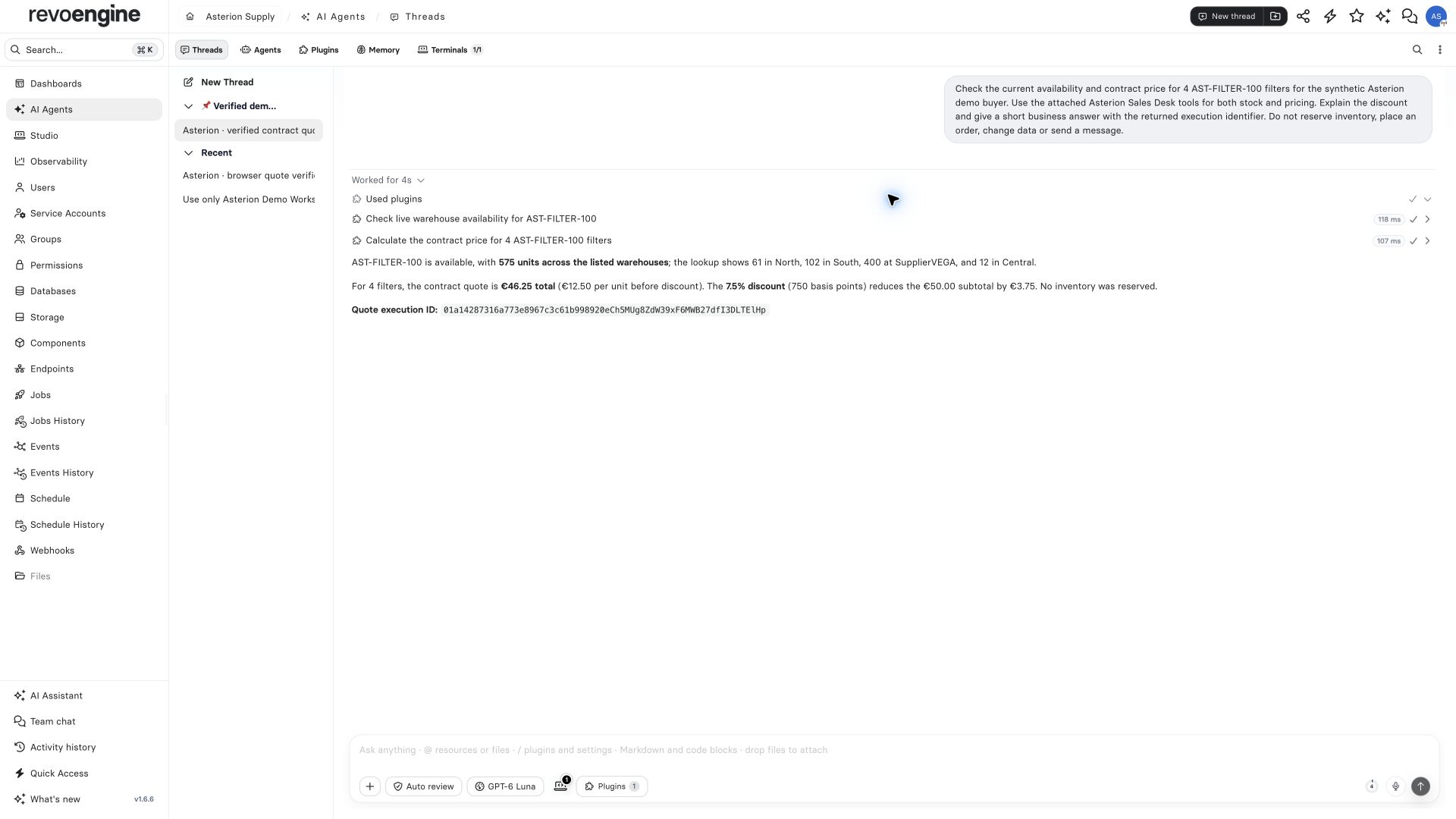 RevoEngine Assistant with completed stock and contract-pricing plugin calls and a 46.25 EUR quote