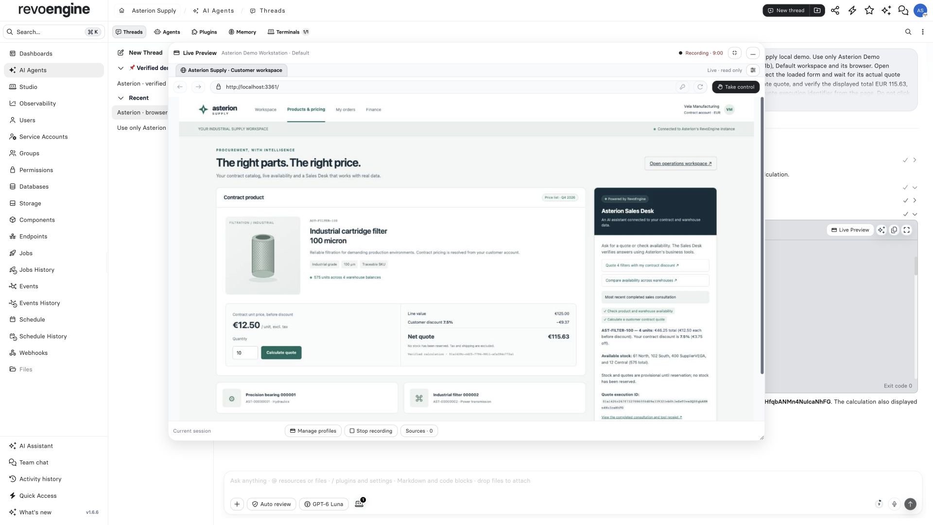 RevoEngine Live Preview displaying the synthetic Asterion customer portal with read-only viewing and a Take control action