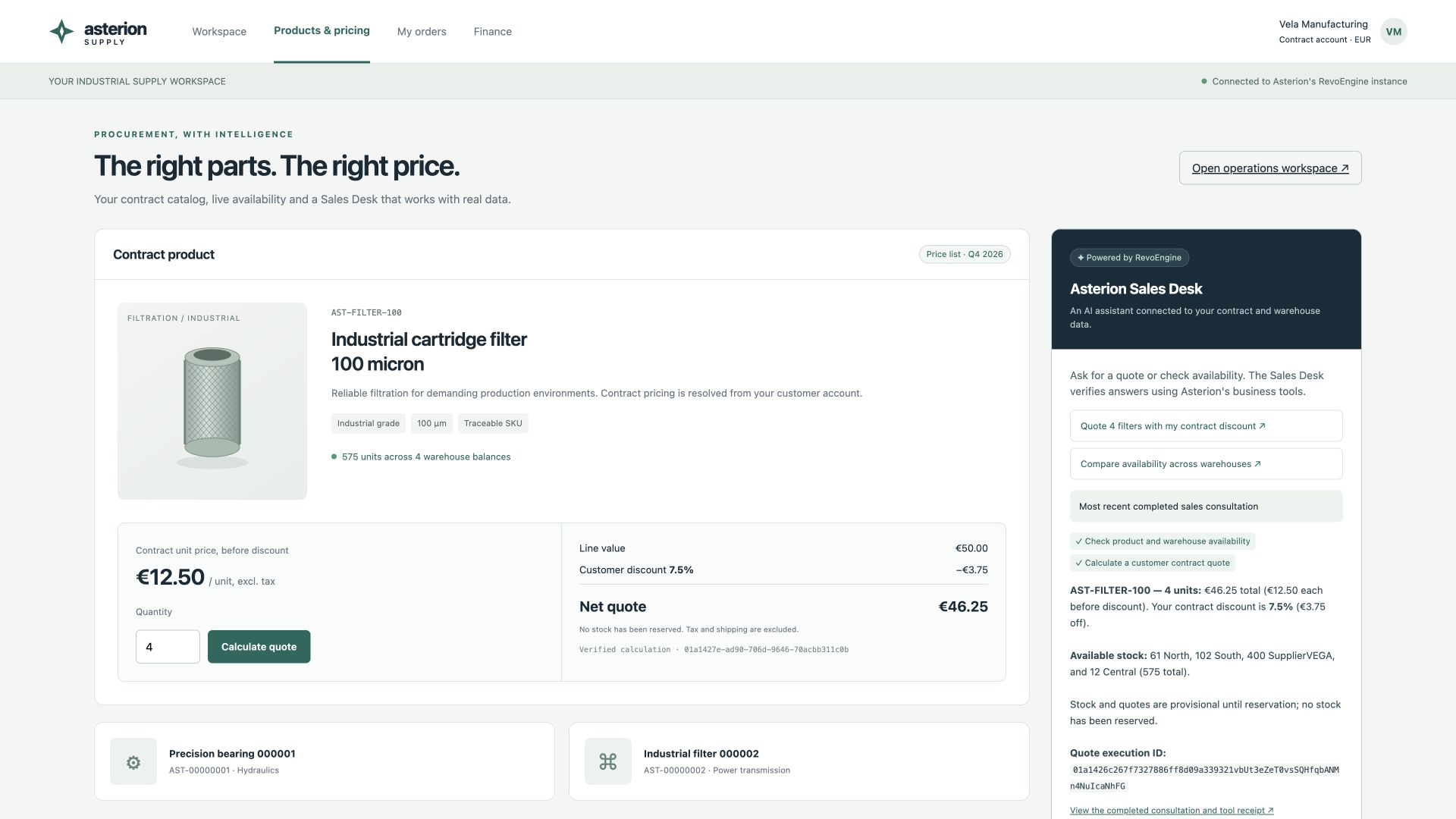 Asterion industrial supply portal showing a 46.25 EUR contract quote and an AI Sales Desk with completed stock and pricing tools