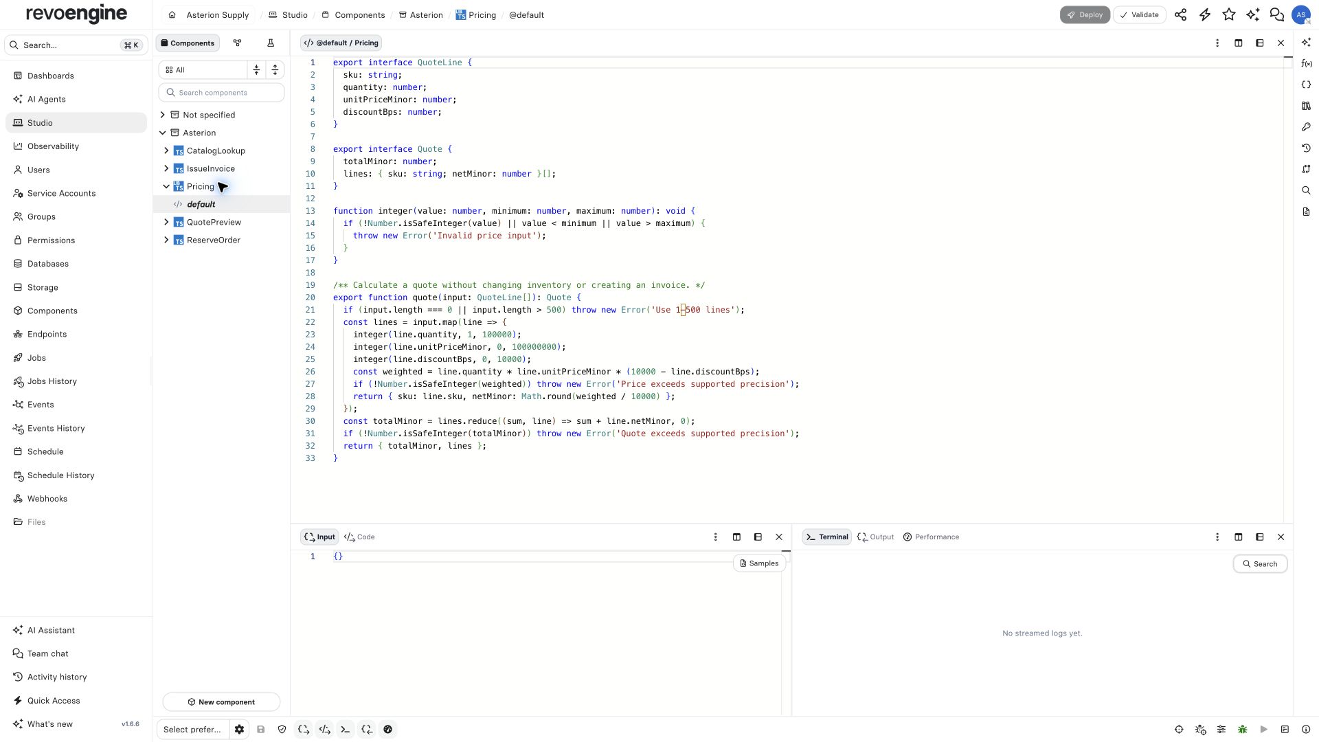 Studio showing the lowercase default Library element and exported Pricing quote function