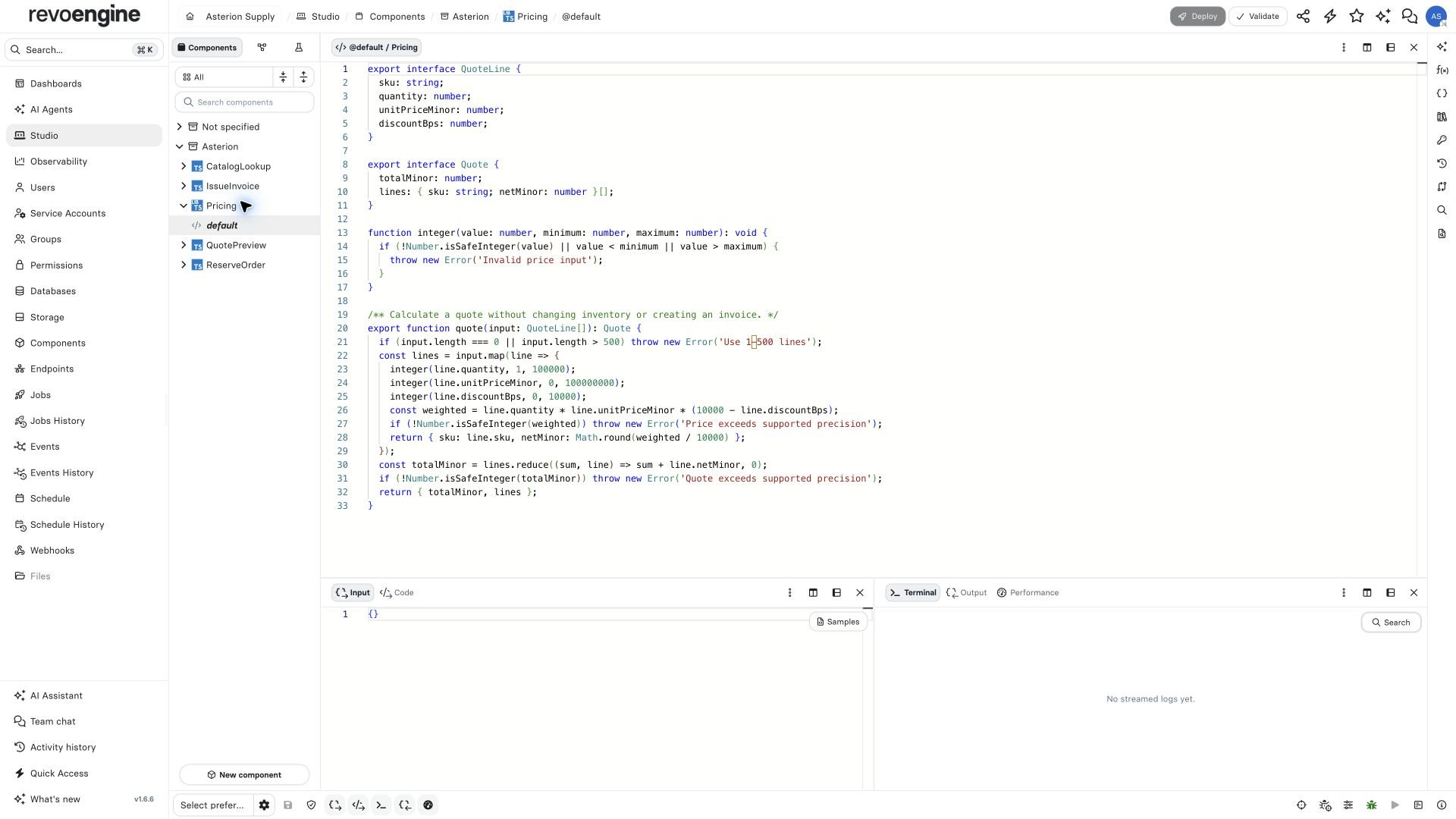 Studio showing the lowercase default Library element and exported Pricing quote function