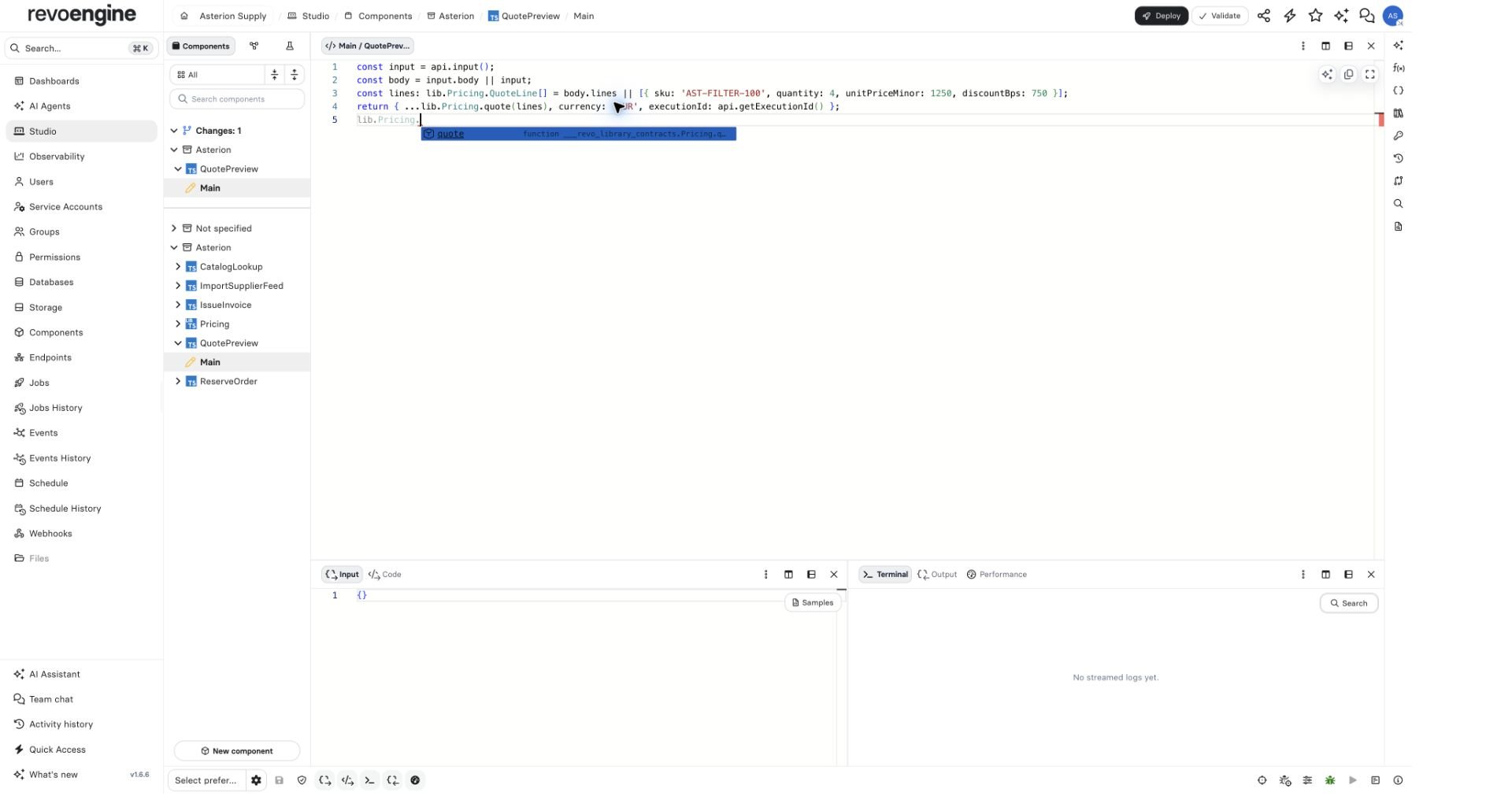 Monaco completion after lib.Pricing. suggests the exported quote function