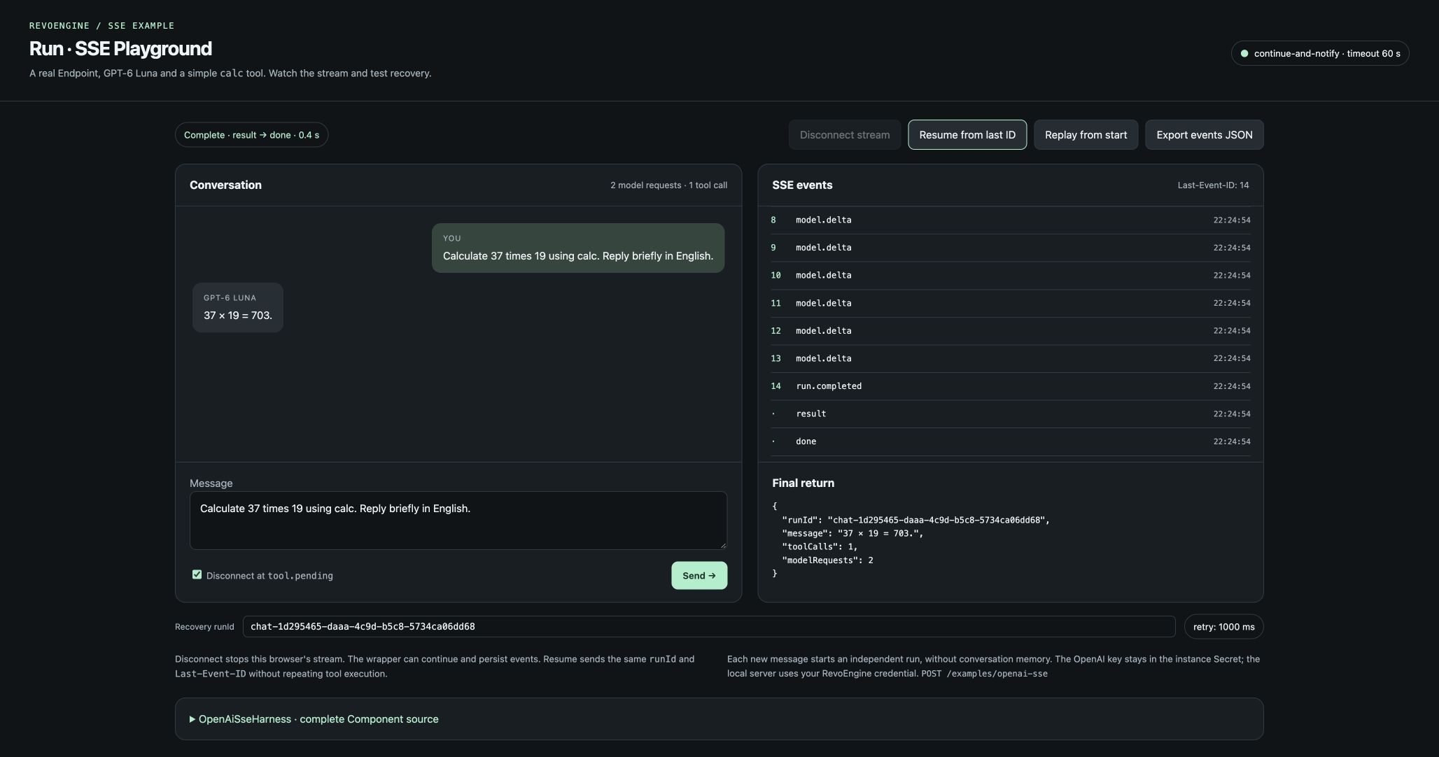 HTML SSE chat displaying 37 times 19 equals 703, one tool call, two model requests, and result followed by done