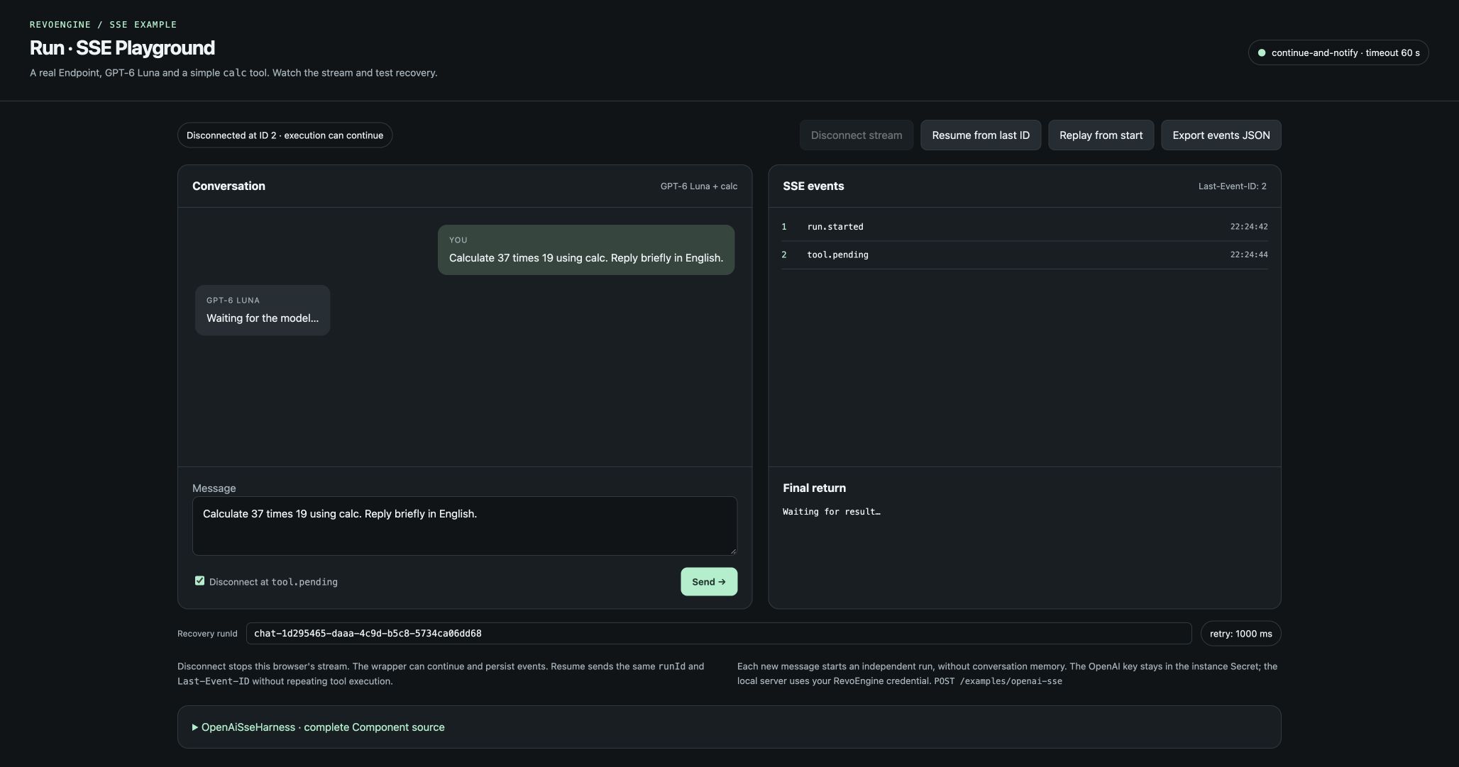 HTML SSE chat disconnected at event ID 2 with a pending tool and the resume button available