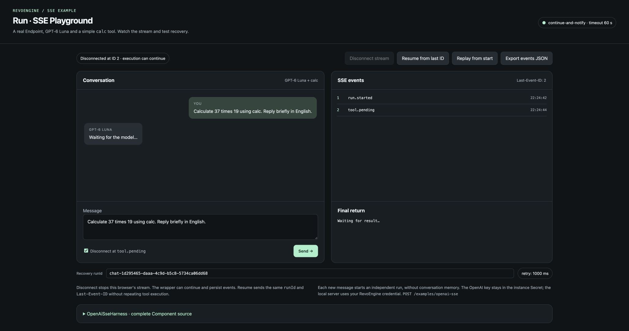 HTML SSE chat disconnected at event ID 2 with a pending tool and the resume button available