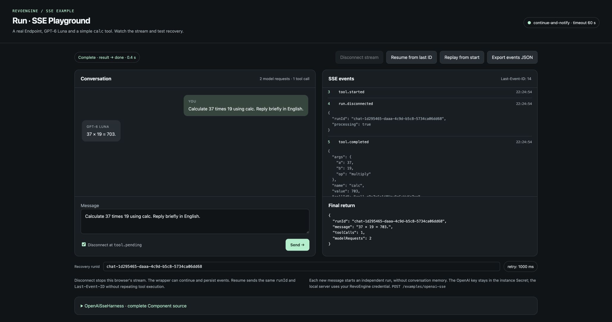 Recovered HTML chat showing the disconnect notification, calc arguments and value 703, with one tool call and two model requests