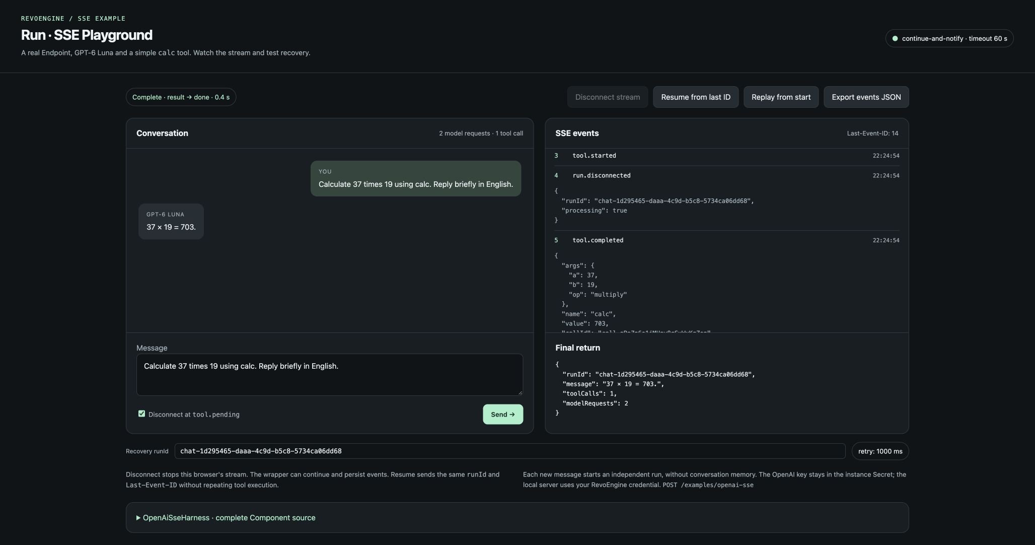 Recovered HTML chat showing the disconnect notification, calc arguments and value 703, with one tool call and two model requests