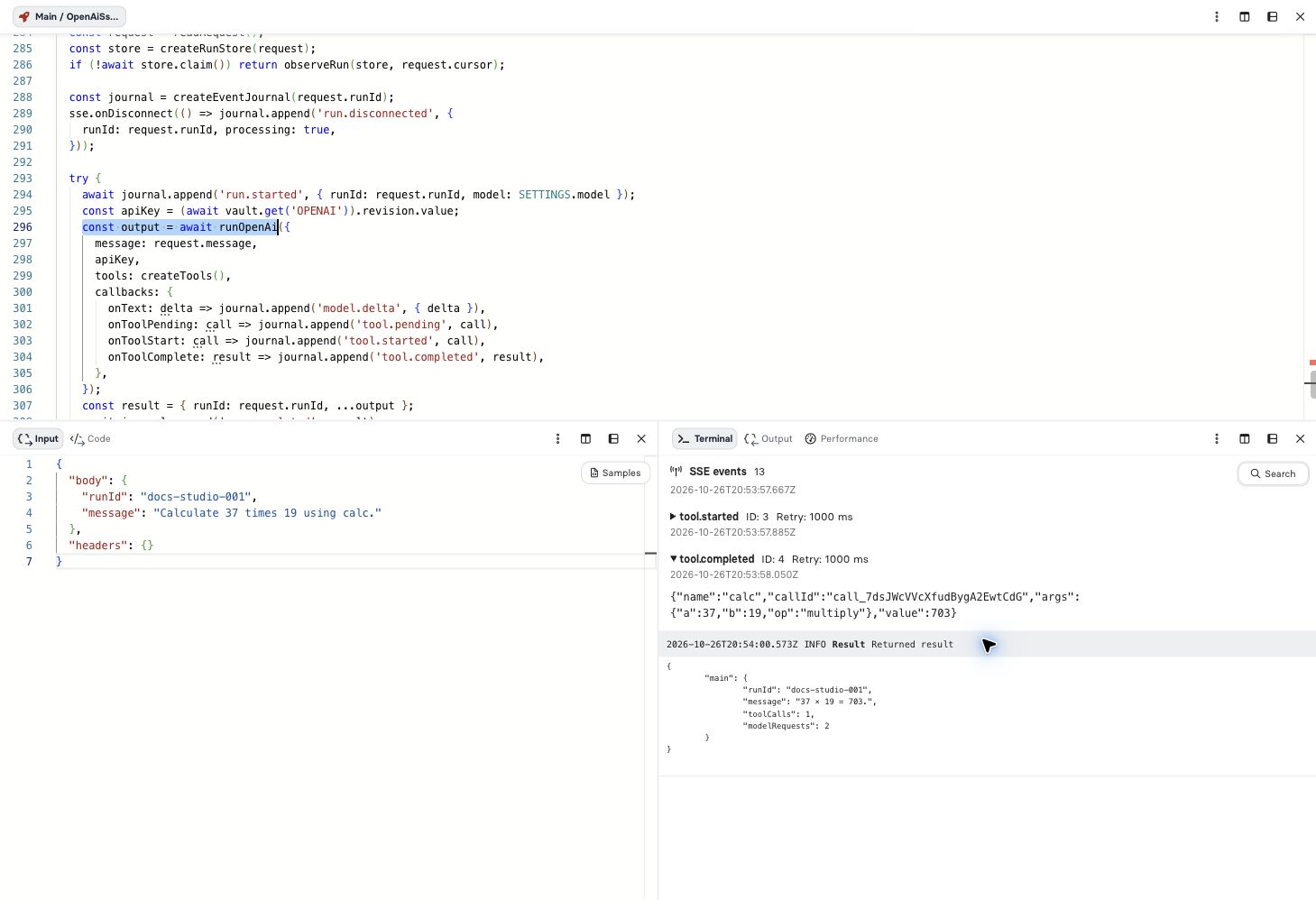 OpenAI SSE sample in the Studio debugger with tool lifecycle events and the final return value