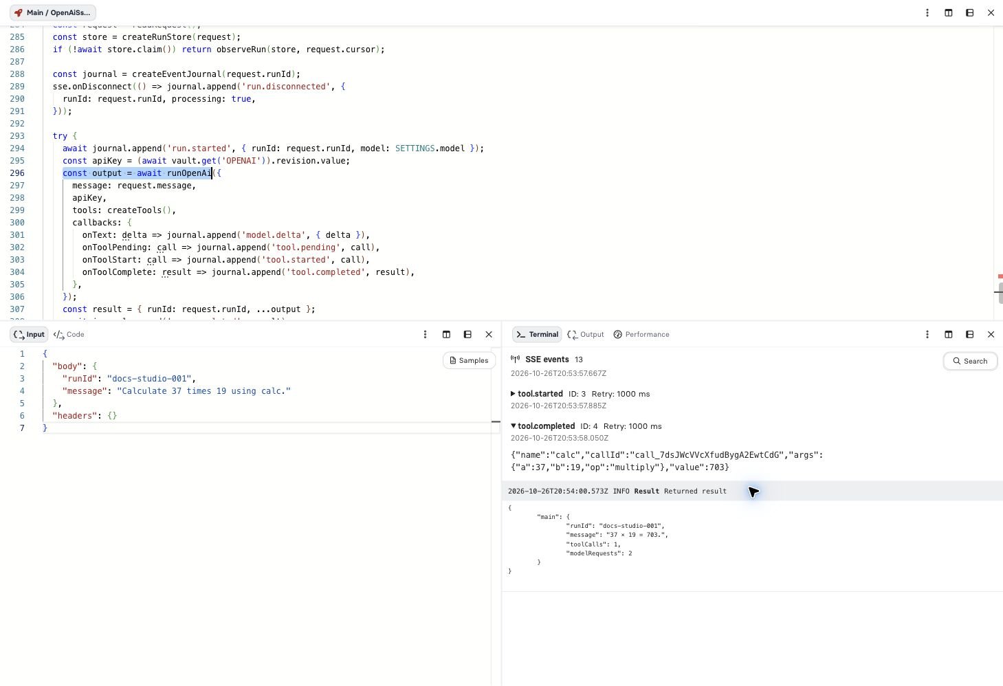 Studio debugger showing authored model and tool SSE events alongside the final Component result
