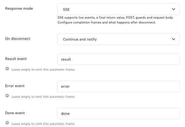 Endpoint Options showing SSE response mode, Continue and notify, and result, error and done event names