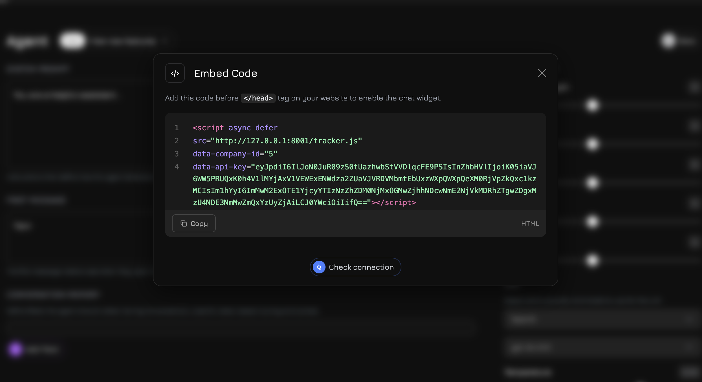 Embed code modal