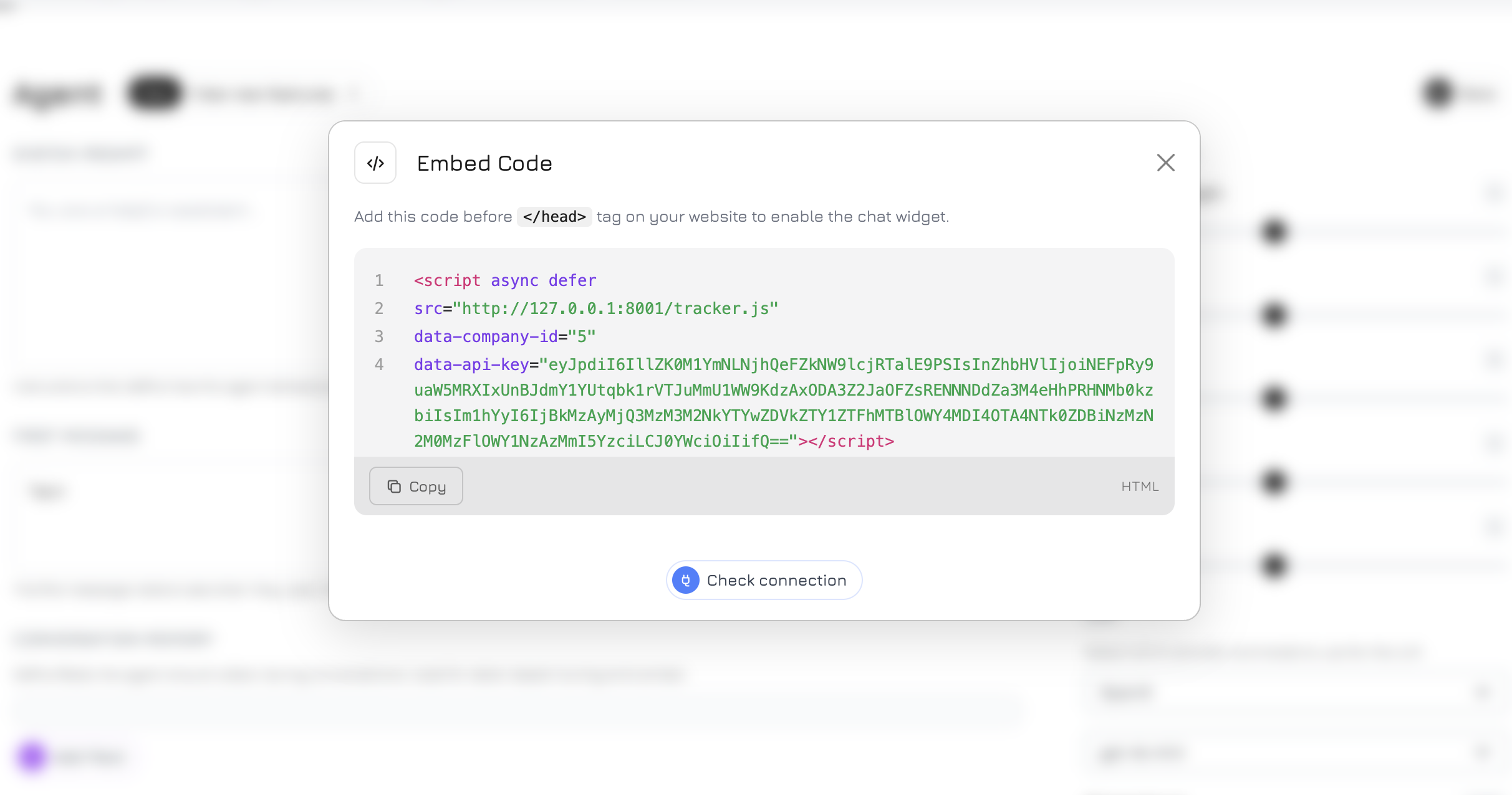 Embed code modal