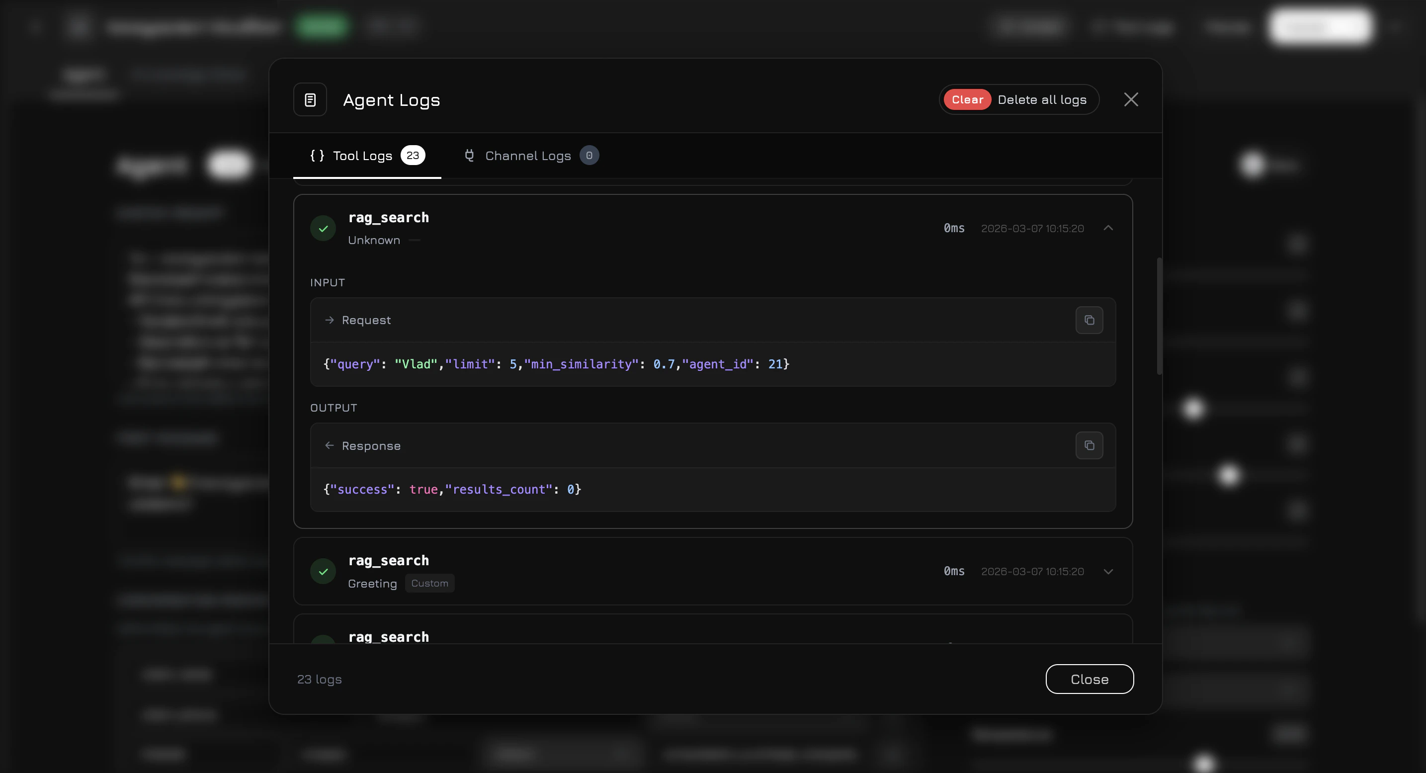 Tool Logs modal
