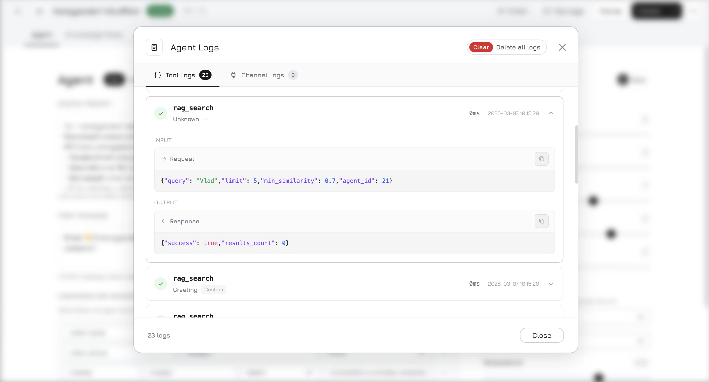 Tool Logs modal