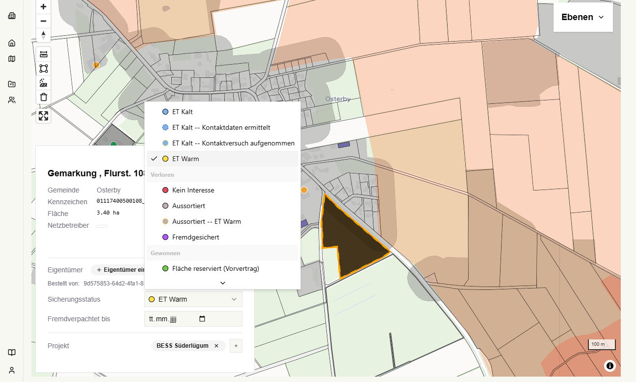 Flurstücksansicht mit Status in goal100.studio
