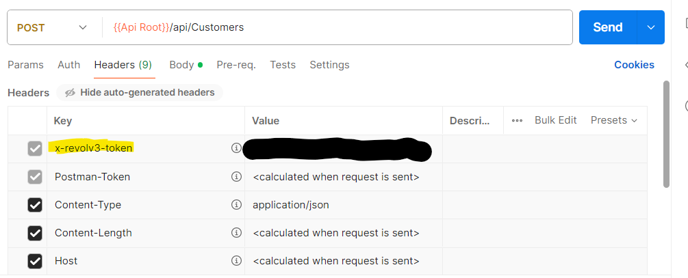 Postman example showing the x-revolv3-token header