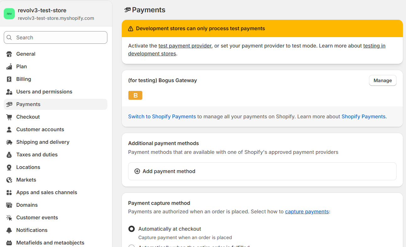 Shopify payment settings providers