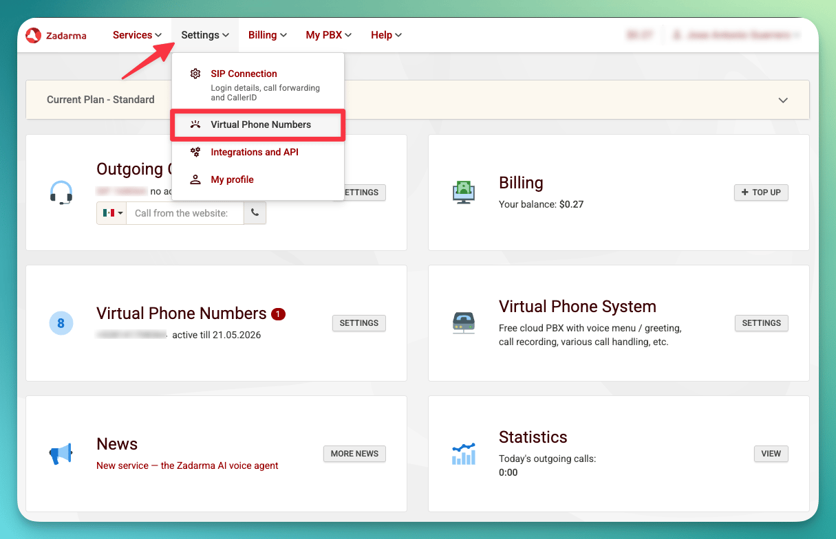 Zadarma Settings Virtual phone numbers
