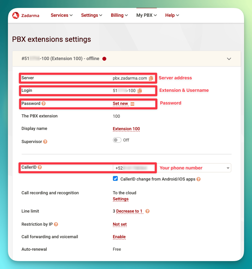 Zadarma PBX Extension Settings