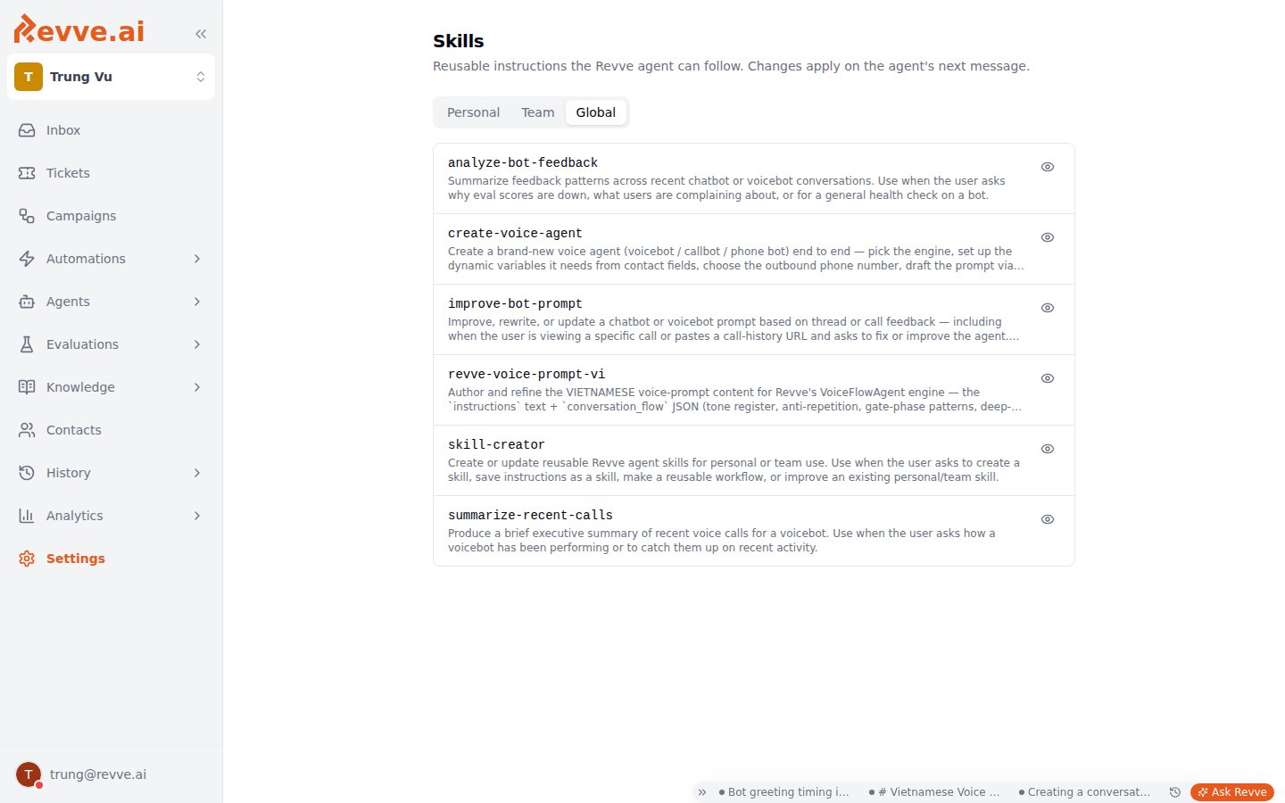 The Skills page showing the Personal, Team, and Global tabs with the built-in skills
