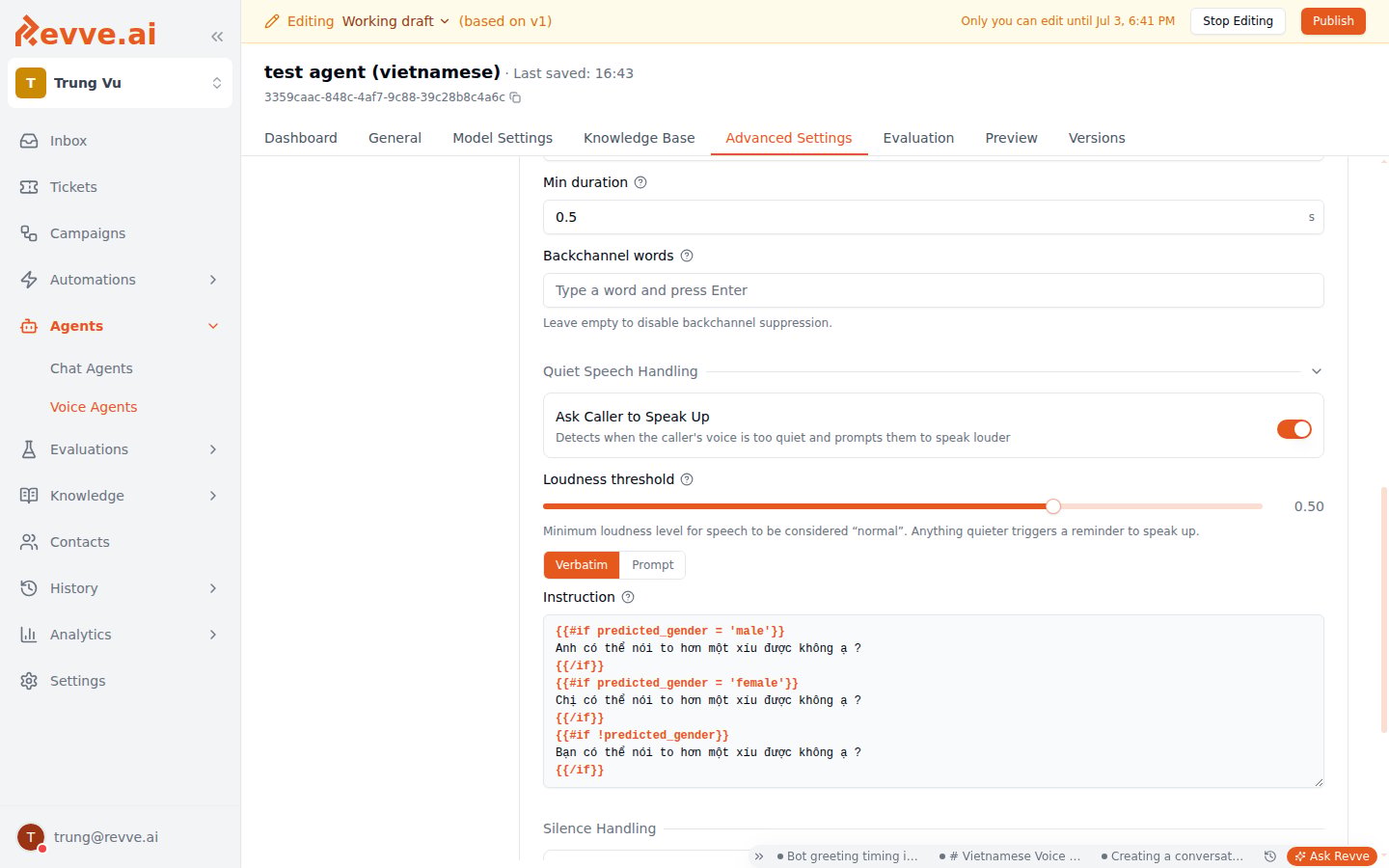 Quiet Speech Handling settings showing the Ask Caller to Speak Up toggle on, the Loudness threshold slider, and the Verbatim instruction template