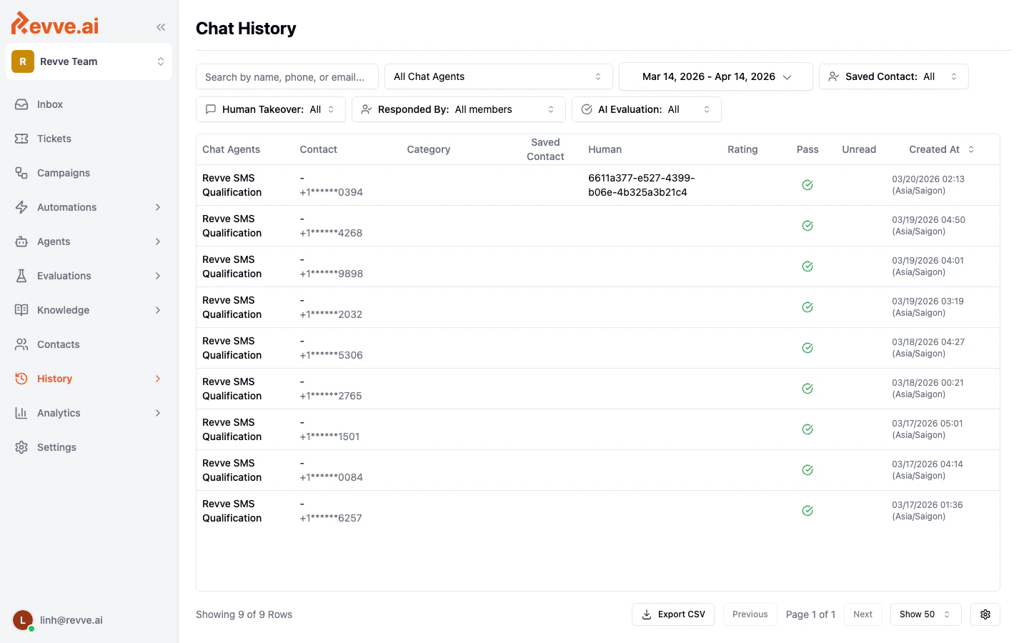 Chat History table showing conversations with filters, columns, and pagination