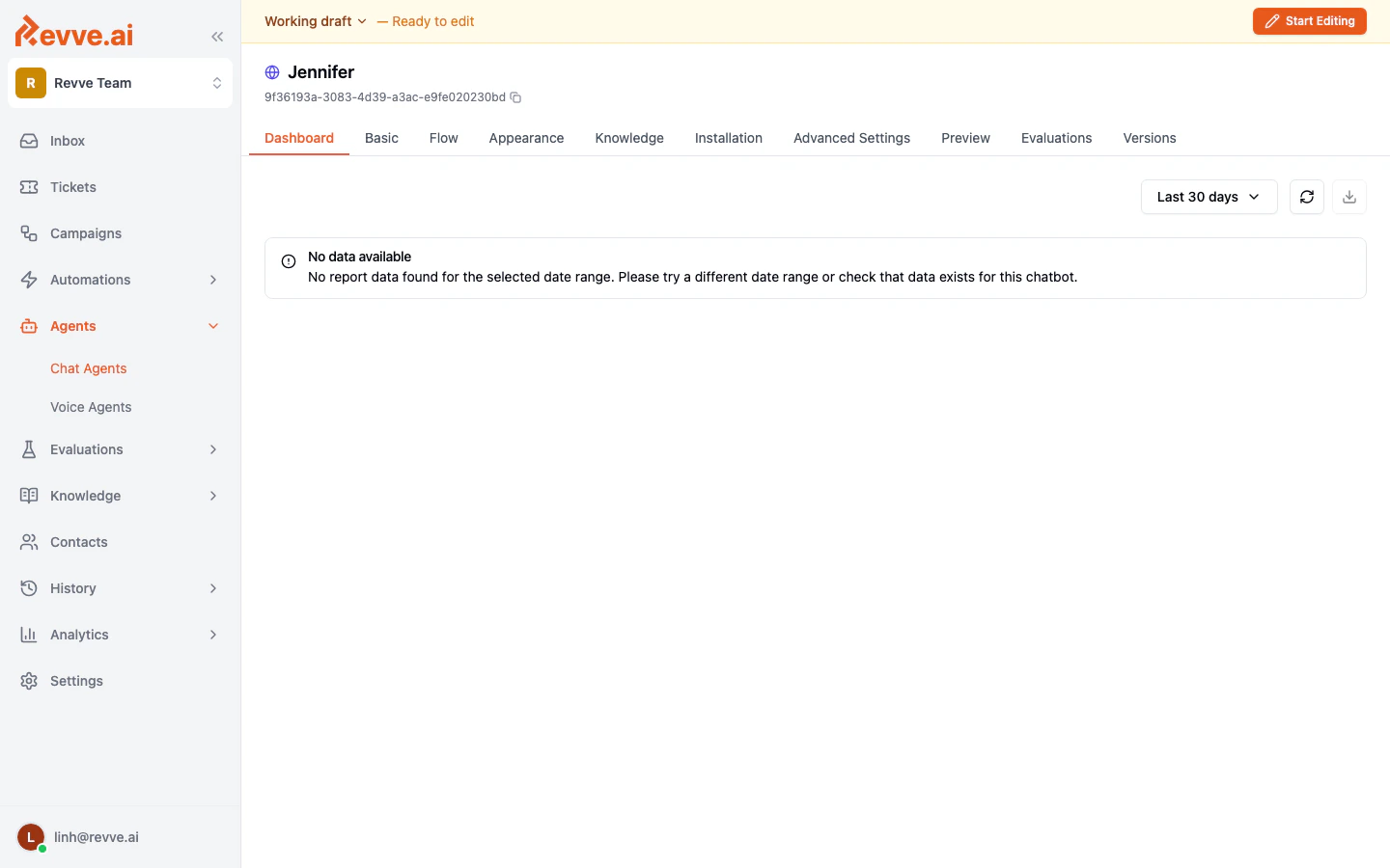 Chatbot dashboard showing all navigation tabs