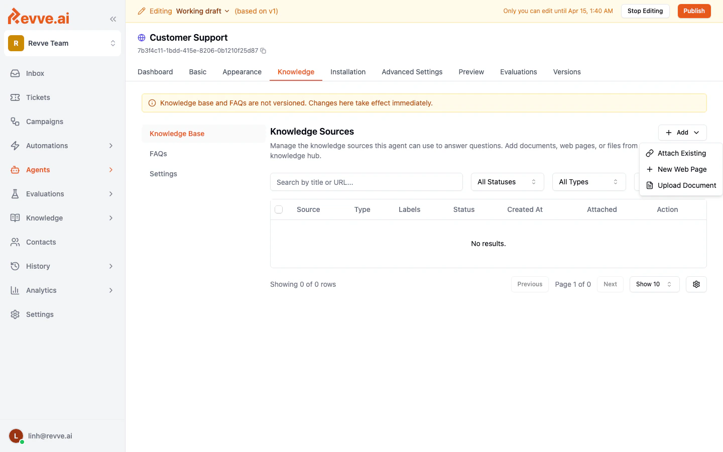 The Add dropdown showing options to Add Web Page or Upload Document