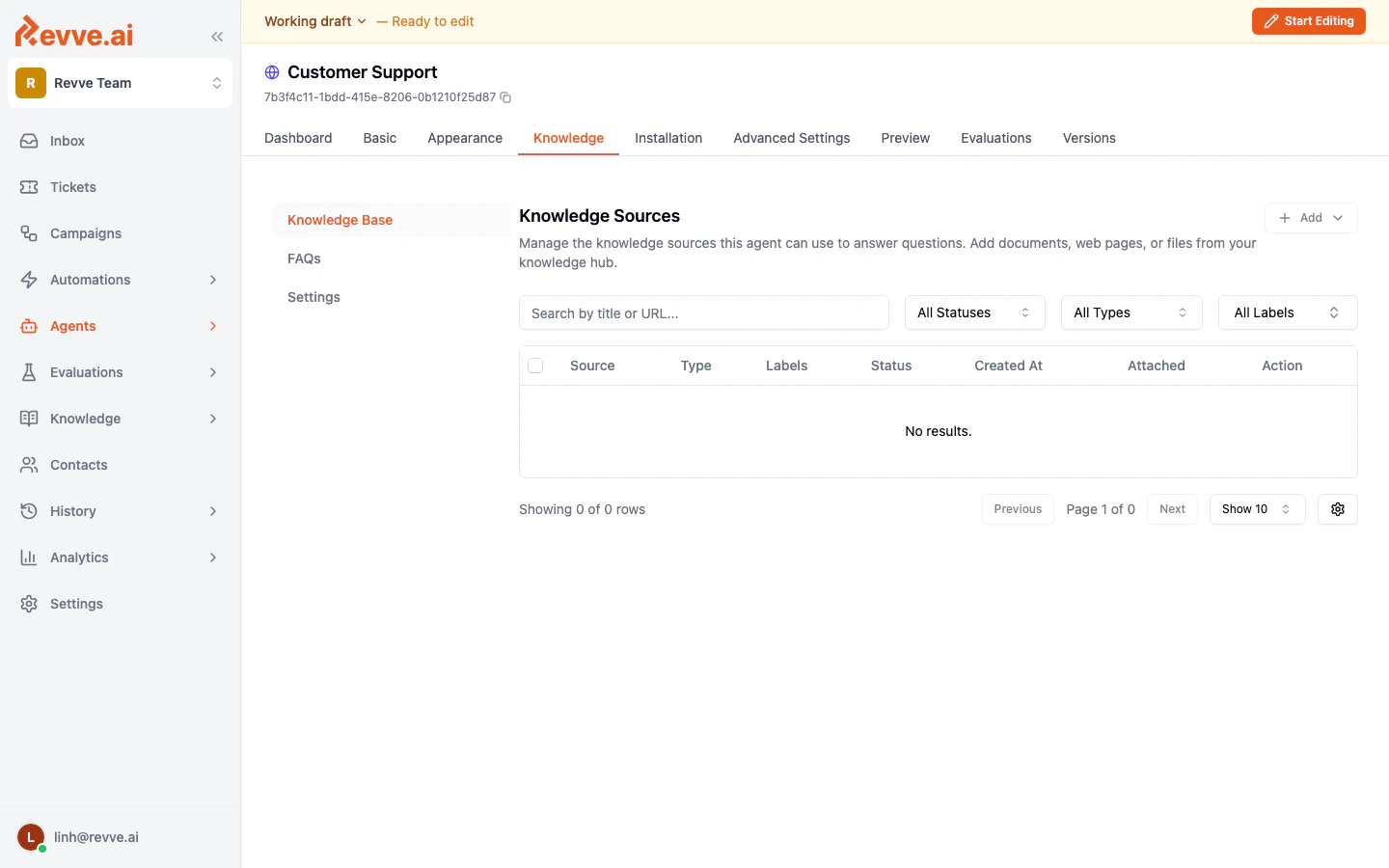 The Knowledge tab inside a chat agent, showing the Knowledge Base, FAQs, and Settings sub-tabs