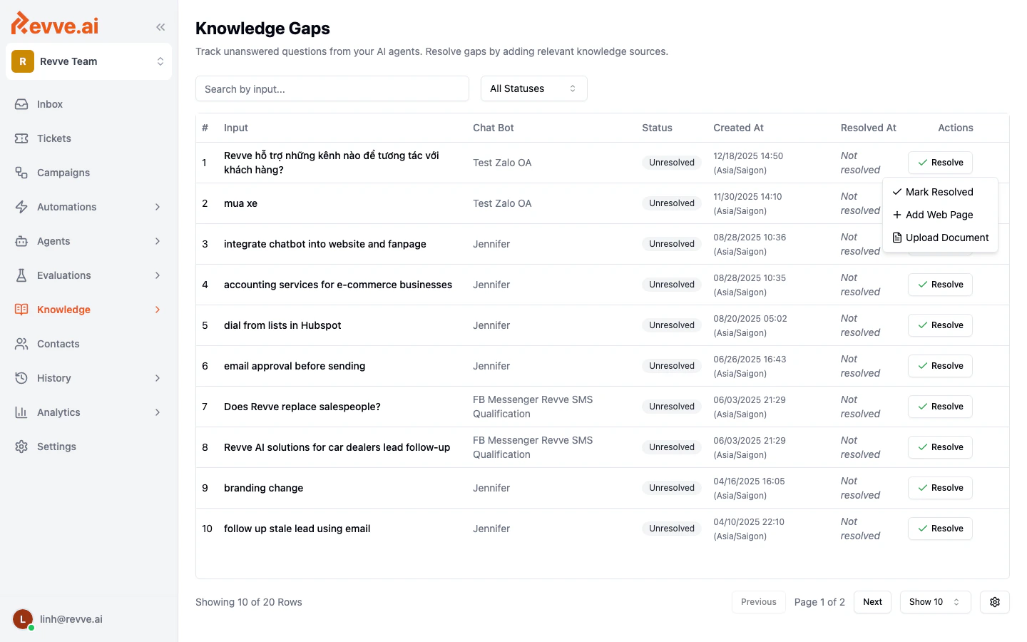 The Resolve dropdown showing options to Mark Resolved, Add Web Page, or Upload Document