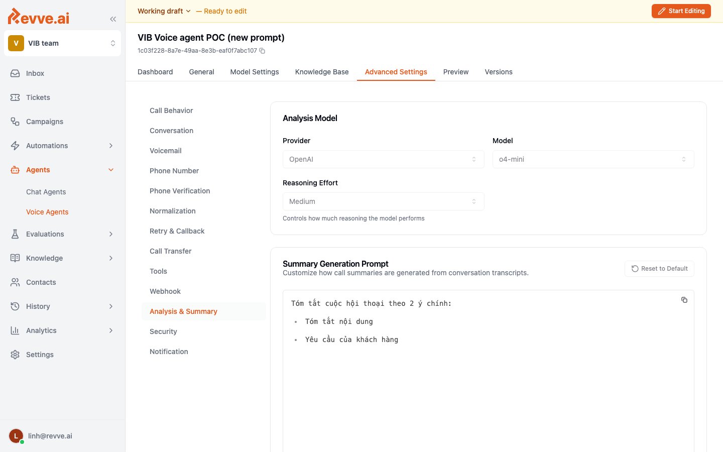 Analysis & Summary settings showing the Analysis Model, Summary Generation Prompt, and Call Analysis Fields Configuration cards