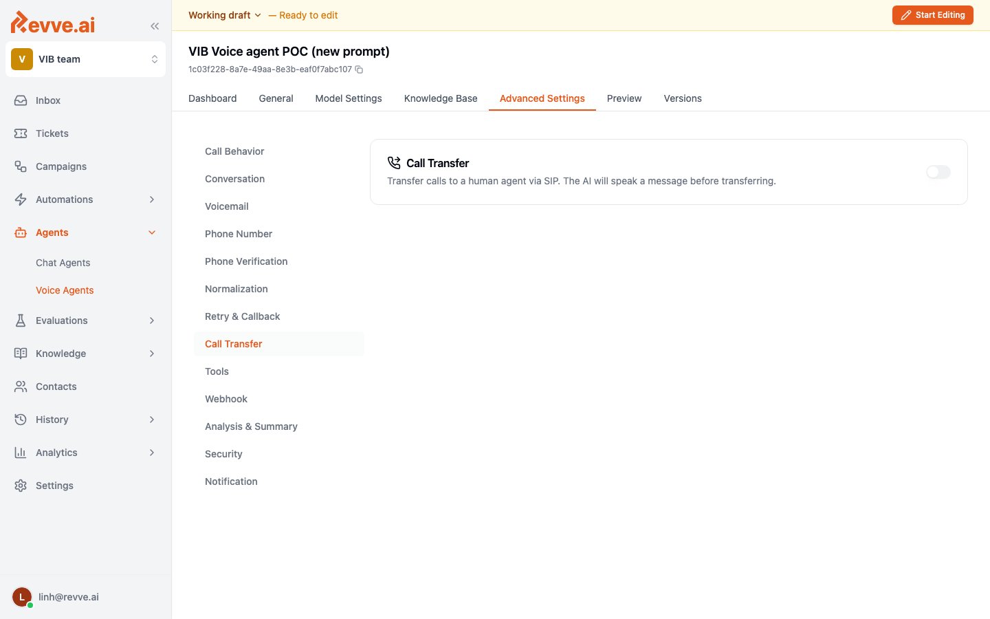Call Transfer in the Advanced Settings sidebar, toggled off — enable it to reveal the transfer settings