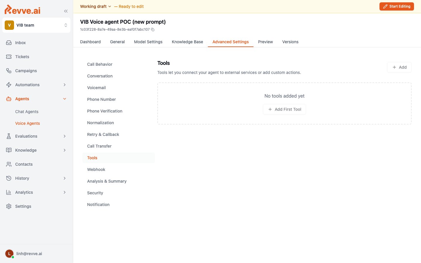 The Tools tab in a Voice Agent's Advanced Settings, in its empty state — a "Tools" header, a + Add button, and an empty-state panel with "No tools added yet" and a + Add First Tool button