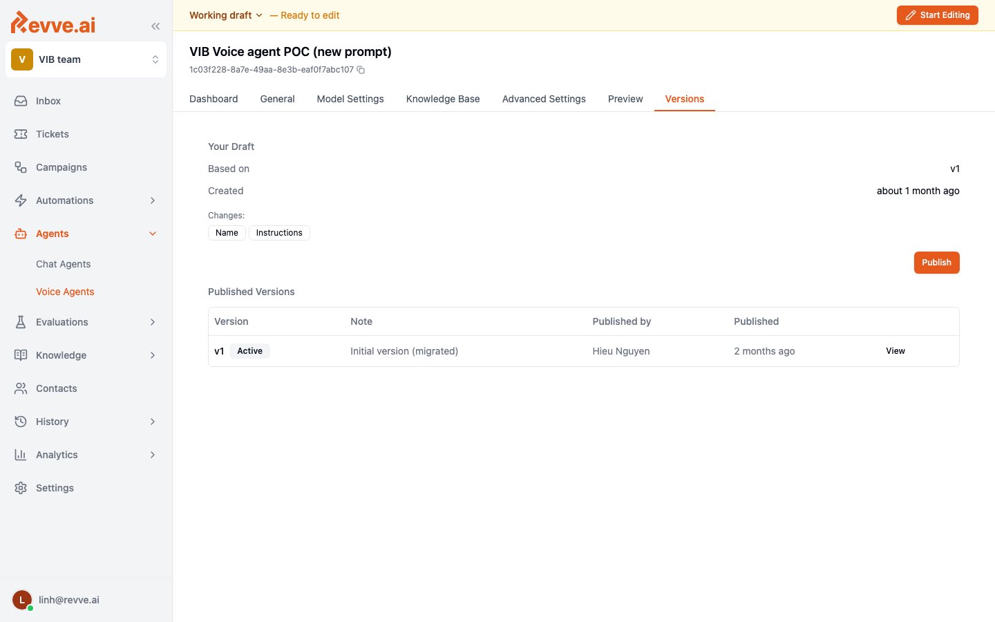 Versions tab for a voice agent showing draft and published version history