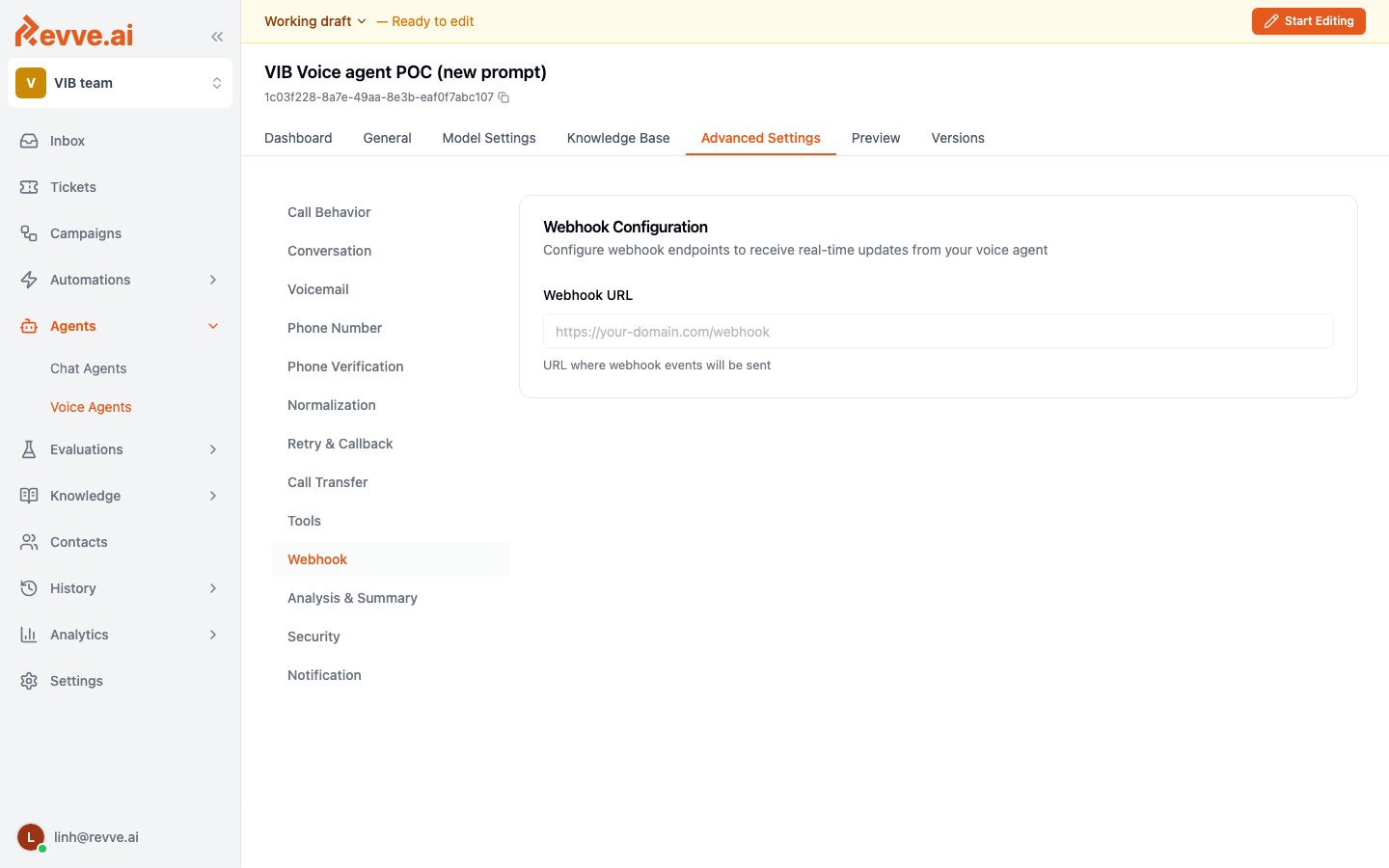 Webhook Configuration card with the Webhook URL field