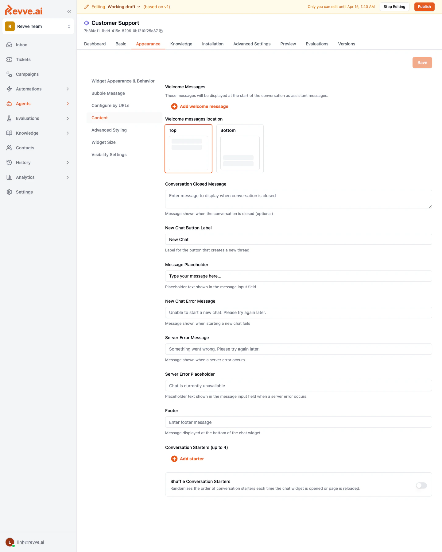 Welcome Messages and Conversation Starters on the Appearance Content tab