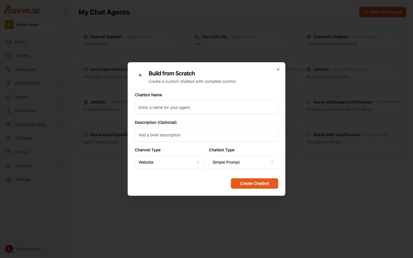 Build from Scratch dialog with name, description, channel, and chatbot type fields