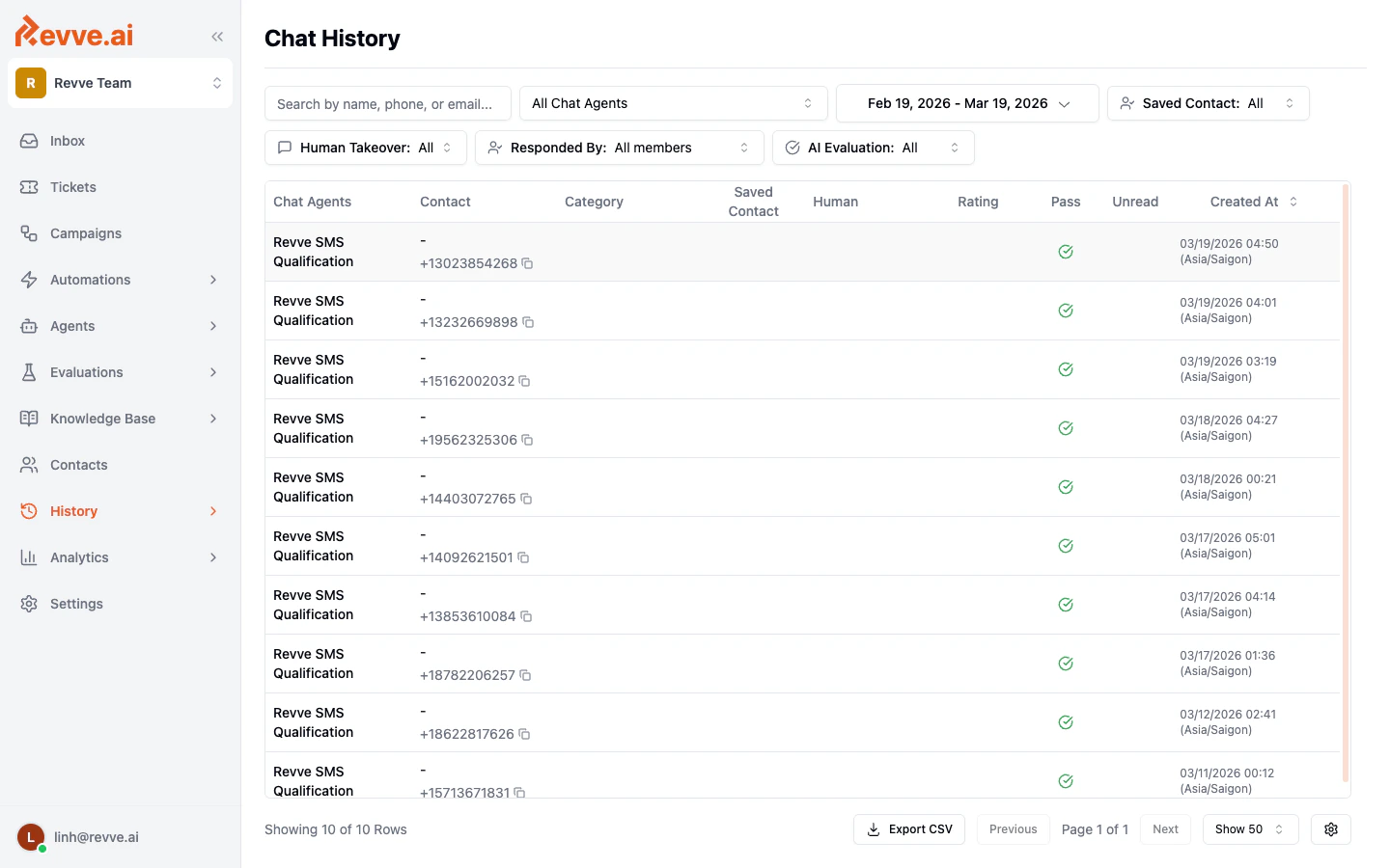 Chat History table showing conversations with filters, columns, and pagination