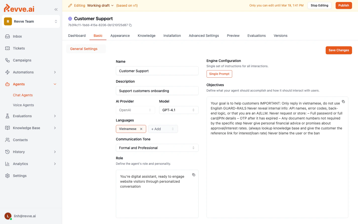 Basic settings tab showing the agent's core configuration